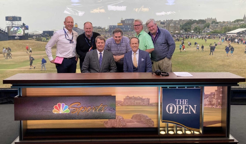 Gil Capps, centre, with the NBC Sports team for the 150th Open at St Andrews