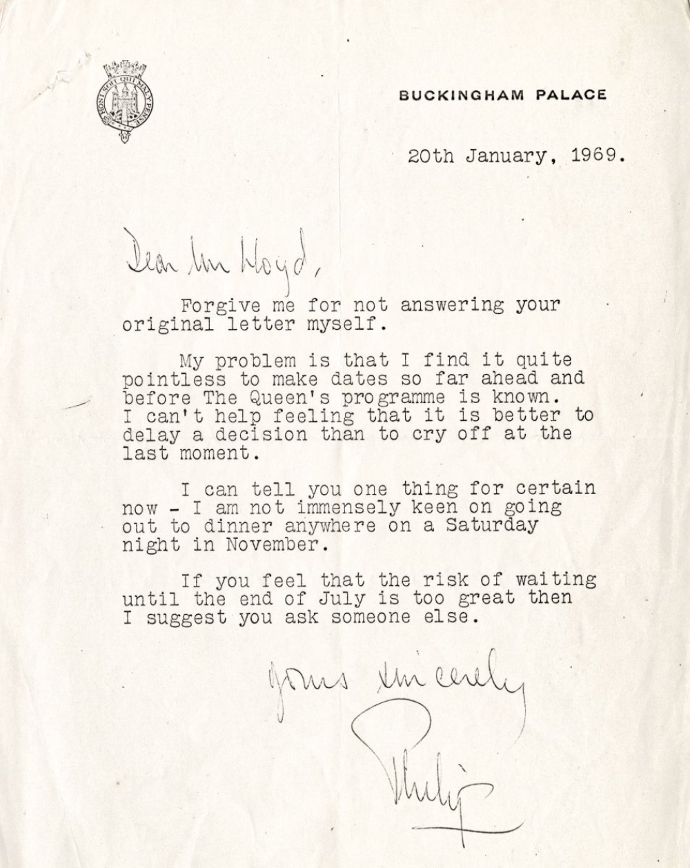 ‘Prickly’ - Wrote Prince Philip: “I am not immensely keen on going out to dinner anywhere on a Saturday night in November.”